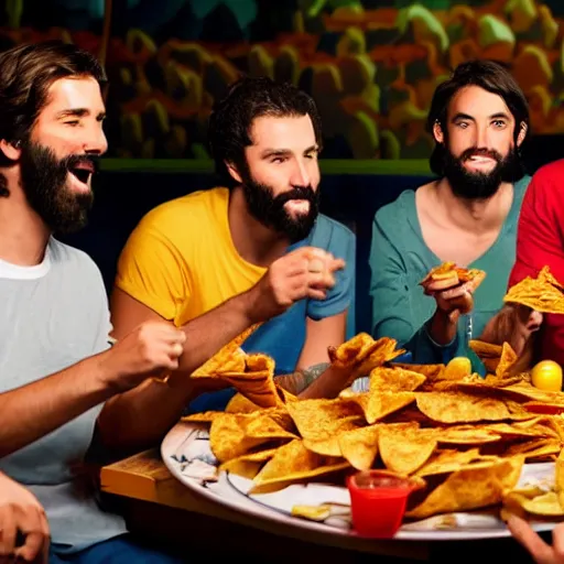 Prompt: jesus and his disciples having a fun dinner at an arcade splitting nachos