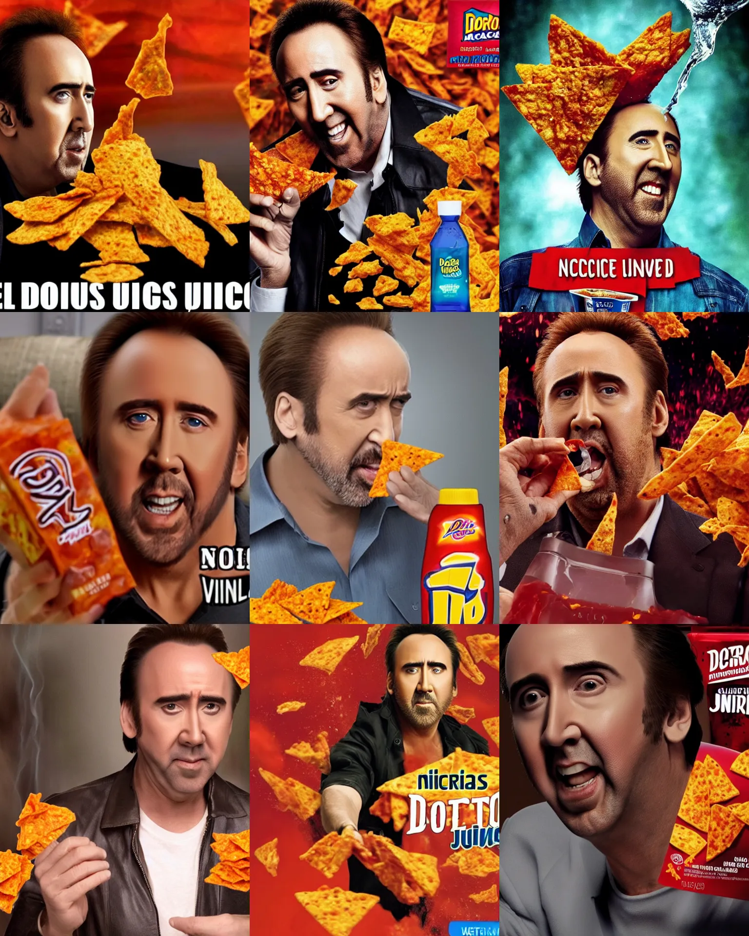 Image similar to nicolas cage happily drinking dorito juice, spilling juice, wet mouth, 2 0 1 2 viral product advertisement hd, commercial banner, english text