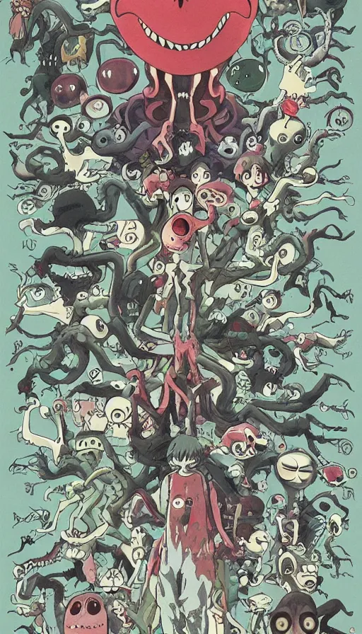 Image similar to horrible creature with many eyes and thin legs by miyazaki, anime