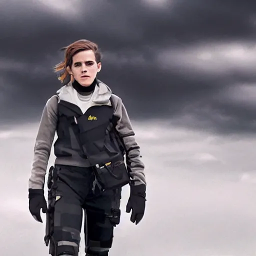 Prompt: Emma Watson wearing modern tech gear, directed by Denis Villeneuve, cinematic, 4k