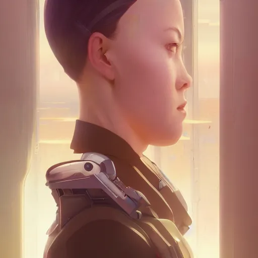 Image similar to portrait of android girl, highly detailed vfx portrait, unreal engine, greg rutkowski, loish, rhads, caspar david friedrich, makoto shinkai and lois van baarle, ilya kuvshinov, rossdraws, elegent, tom bagshaw, alphonse mucha, global illumination, detailed and intricate environment