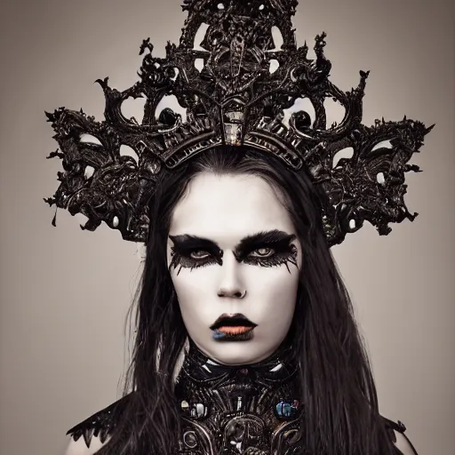 Prompt: a portrait of female model by stefan geselle, nekro borja and peter kemp, dark fantasy, ornate headpiece, dark beauty, photorealistic, canon r 3, photography