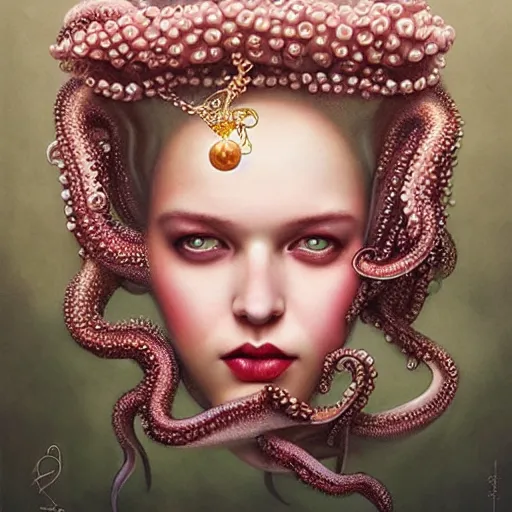 Image similar to queen of octopus with pearls embedded, portrait, pink and gold, nouveau, beautiful, by Anato Finnstark, Tom Bagshaw, Brom