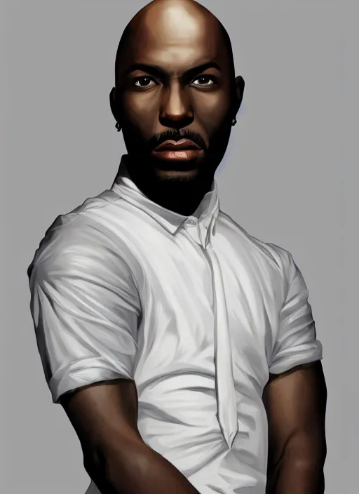 Image similar to portrait of handsome bald african american male, wearing a simple black vest and white shirt, centered, digital painting, artstation, concept art, smooth, sharp focus, illustration, art by artgerm and donato giancola and leyendecker