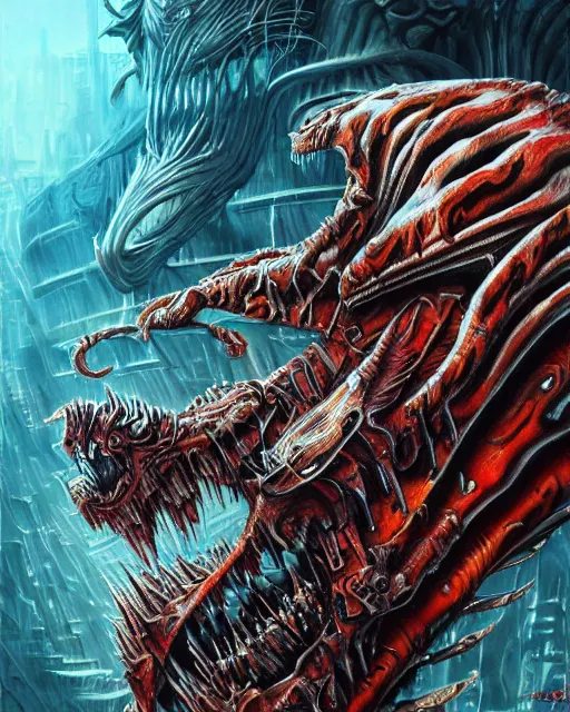 Image similar to bloody fleshmetal cyborg tiger, by antonio j. manzanedo, giger, alex grey, android jones, wayne barlowe, philippe druillet, raymond swanland, cyril rolando, josephine wall, harumi hironaka, trending on artstation