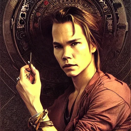 Image similar to amazing lifelike award winning pencil illustration of river phoenix intense eyes trending on art station artgerm Greg rutkowski alphonse mucha cinematic