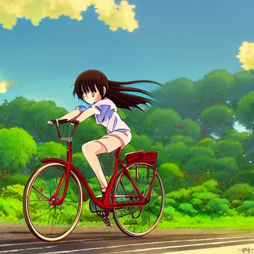 Image similar to anime girl riding bicycle in highly detailed japanese countryside, studio ghibli style, by hayao miyazaki, sharp focus, desaturated, highly detailed, 4k