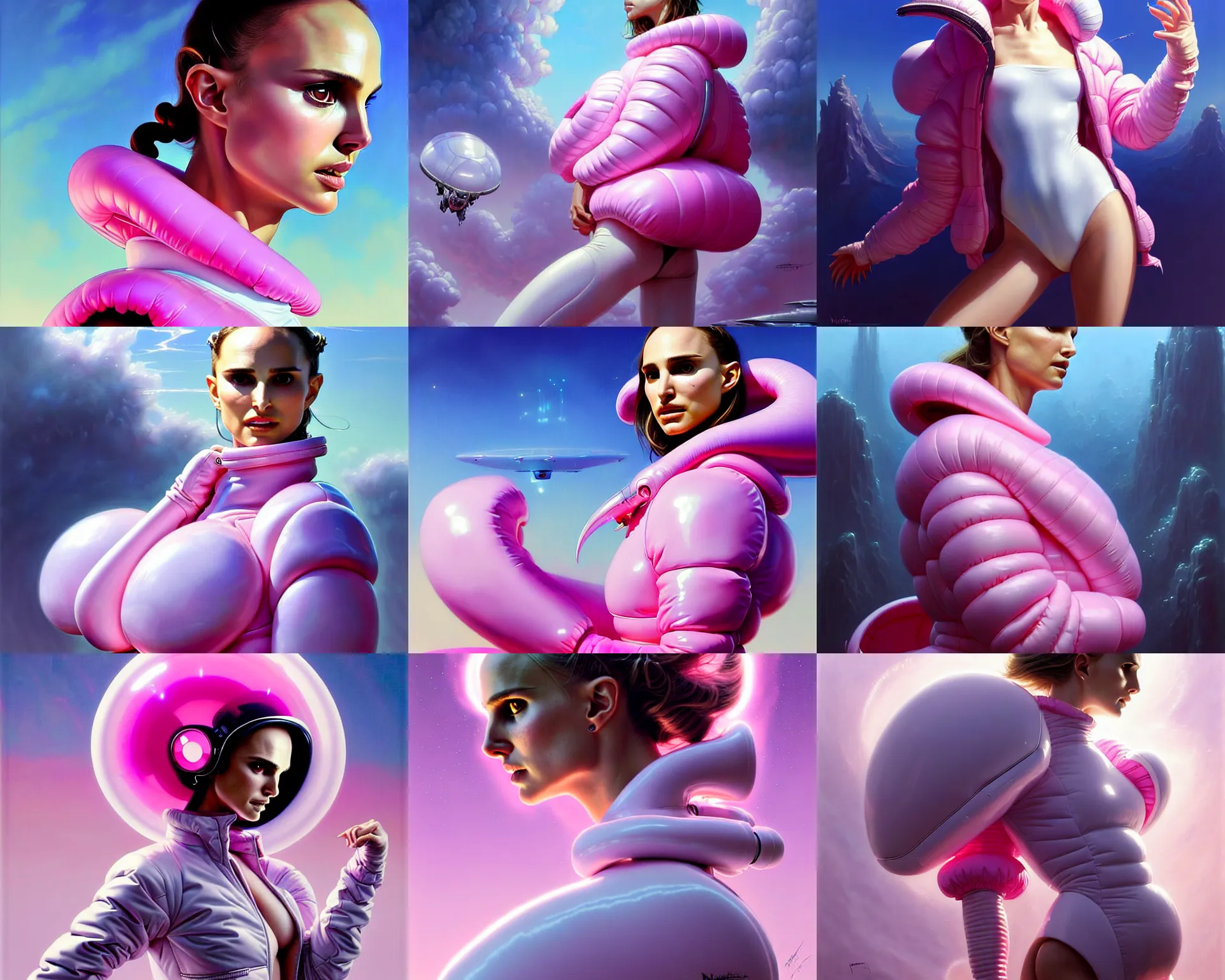 Prompt: beautiful fantasy character portrait, natalie portman, wearing oversized plastic puffy pink bomber jacket and white leotard, very seductive pose, ultra realistic, wide angle, dramatic lighting, futuristic vehicle, alien creatures, cyberpunk artifacts, highly detailed by peter mohrbacher, aaron horkey, hajime sorayama, boris vallejo,