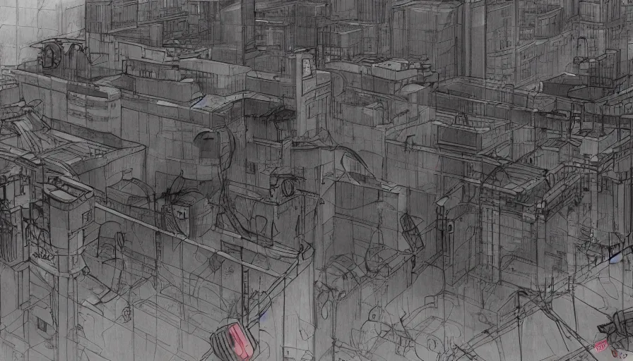 Prompt: Concept Art Sketch of neo-Tokyo Maximum Security Bank, in the Style of Akira, Syndicate Corporation, Anime, Dystopian, Highly Detailed, Red Skyscraper, Helipad, Special Forces Security, Giant Crypto Vault, Docks, Shipping Containers of Money, Helicopter Drones, 19XX :2 Akira Movie style : 8
