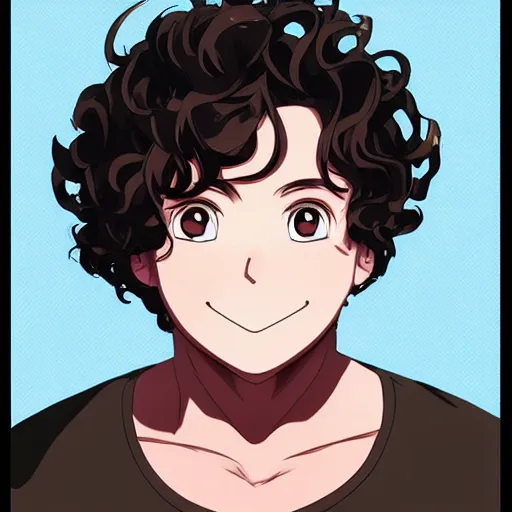 Prompt: An anime portrait of a mid-sized anime man with extremely short curly brown hair, chubby face, closed-mouth smile, closed pink lips, brown eyes, without glasses, wearing a t-shirt, his whole head fits in the frame, solid background, by Stanley Artgerm Lau, WLOP, Rossdraws, James Jean, Andrei Riabovitchev, Marc Simonetti, and Sakimi chan, trending on artstation