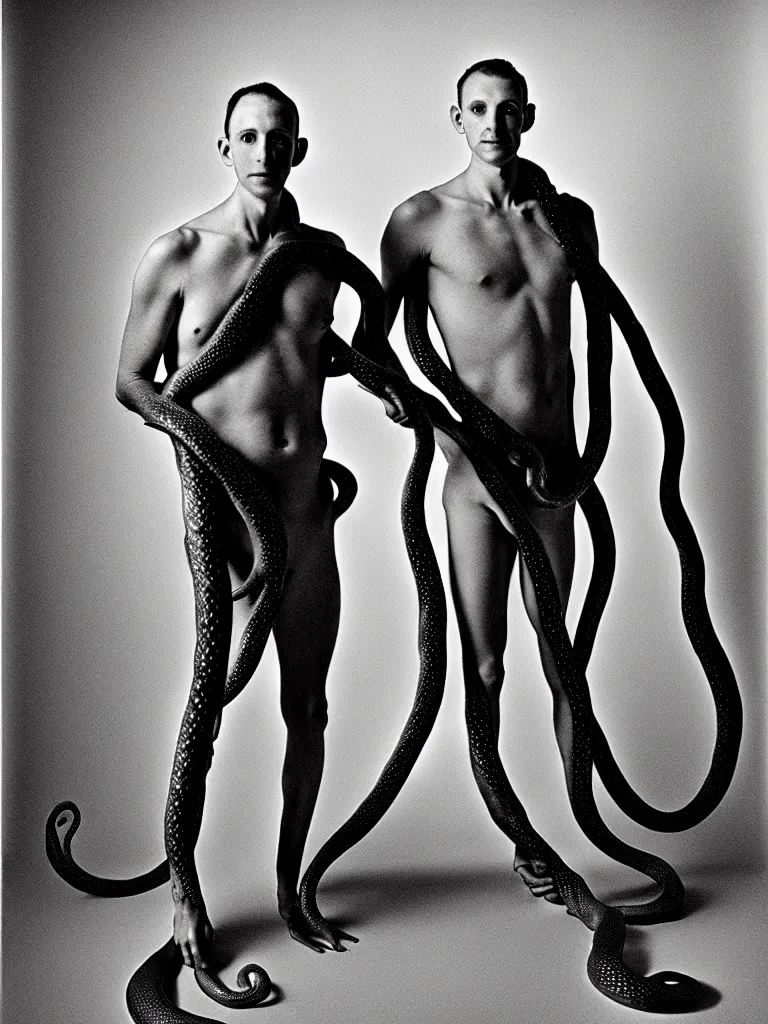 Image similar to a perfect full length portrait of a man standing, proudly displaying his four dimensional hyperbolic body extensions that extrude, protude and extend outwards and around his body like grasping prehensile tendrils tentacles and snakes, perfect studio lighting.