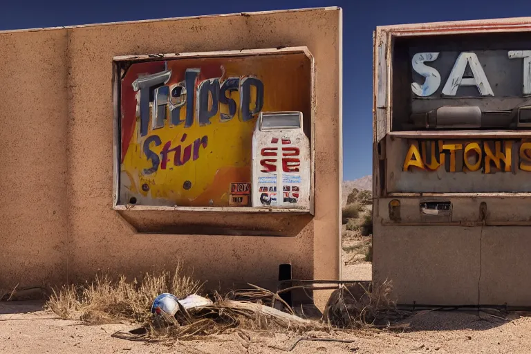 Prompt: an abandoned gas station in the desert, huge rusty sign in the foreground and a planet like Saturn with dust rings in the background, sunny day, wind and dust, low angle, 4k, ultra details, cinematic, epic style, beautiful photo, hyper realistic, octane render, unreal engine, award winning, on artstation, volumetric lightning, masterpiece, golden hour,