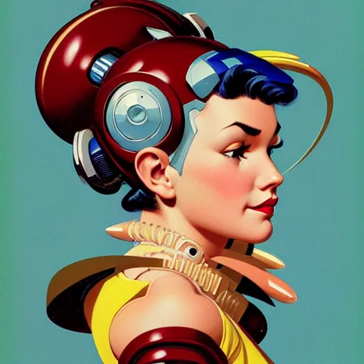 Prompt: head and shoulders portrait of a female Megaman, illustration, medium shot, intricate, elegant, highly detailed, digital art, ffffound, art by gil elvgren and JC Leyendecker and sachin teng