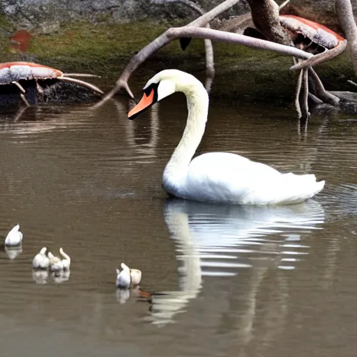 Image similar to Swan with a group of crabs stops the traffic