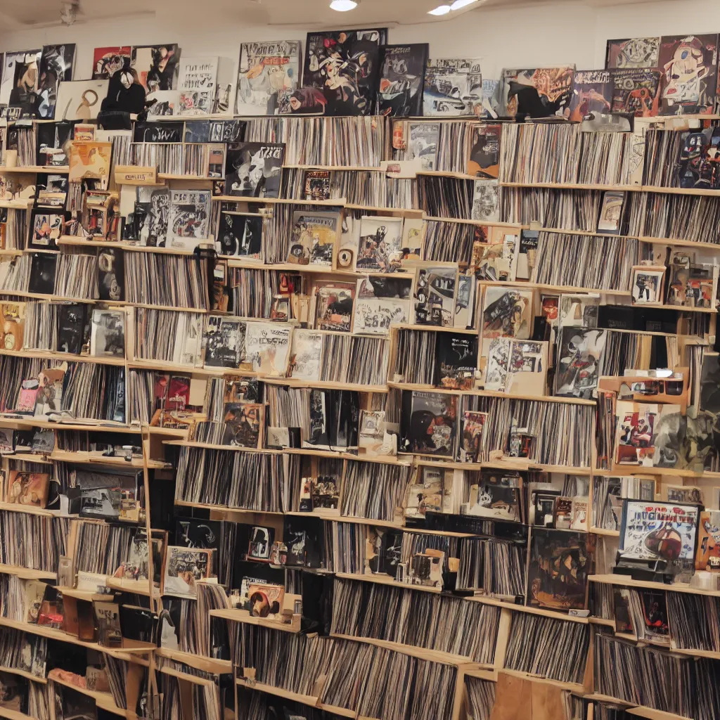 Image similar to cozy music shop, anime style, floor to ceiling shelves of vinyl LP records, large speakers and hifi equipment