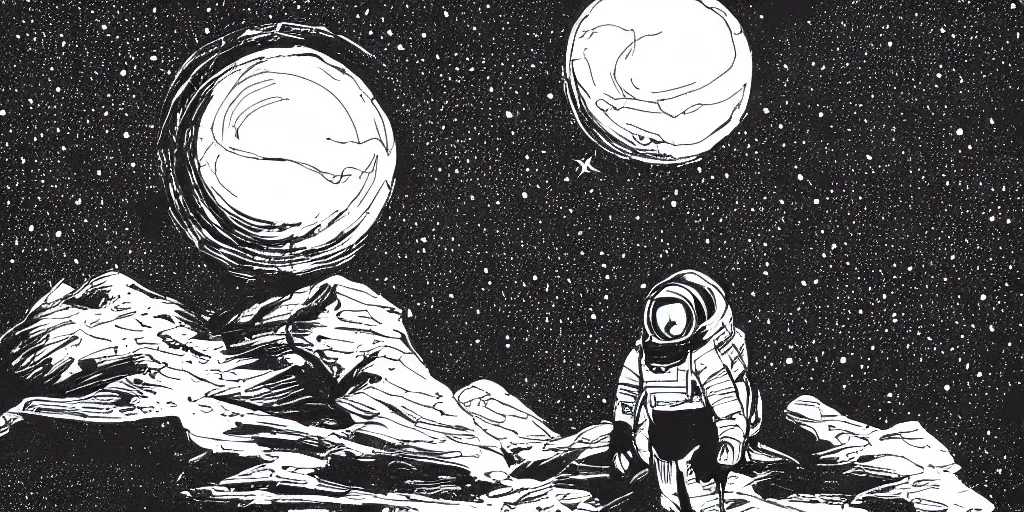 Image similar to ink lineart drawing of a planet, looming over an astronaut's shoulder, wide angle, space background, artstation, etchings by goya, chinese brush pen, illustration, high contrast, deep black tones contour