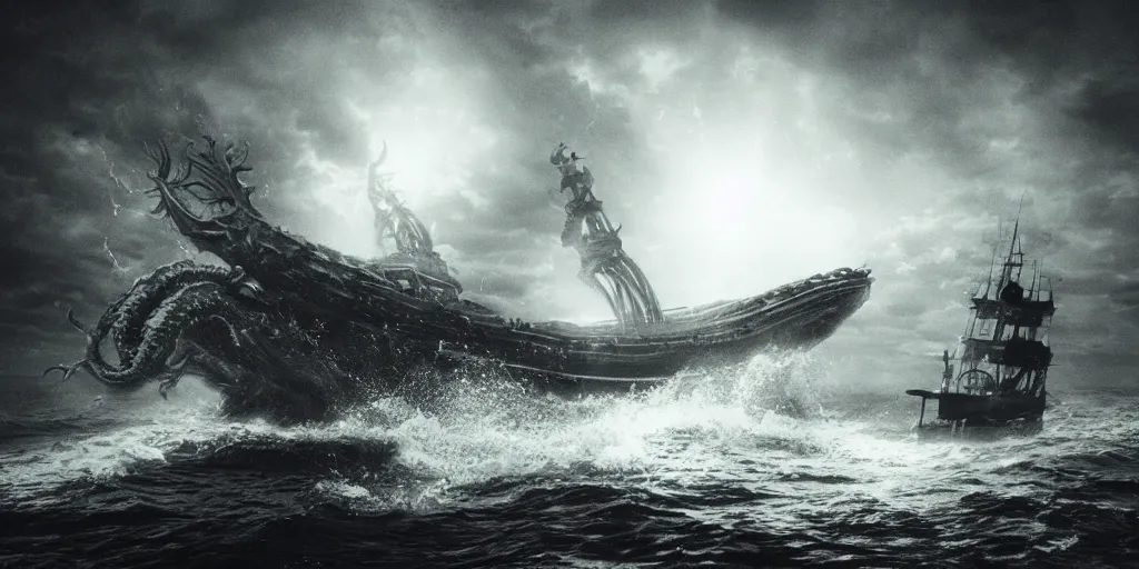 Image similar to a highly detailed realistic photographic render of a boat witnessing a lovecraftian monster creature in the sea. humanoid, creepy, cinematic lighting, cinematic scene, Volumetric lighting, Atmospheric scene, Dark, Horror, Atmospheric lighting, Global illumination, realistic, photo realism, hyper realistic, hyper realism, photo realisitc, cinematic render, film, beautifully lit, ray traced, octane 3D render, octane render, unreal engine