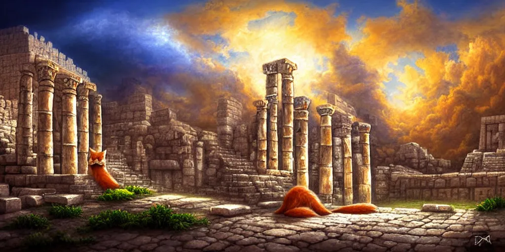 Image similar to illusion painting hidden temple in the clouds : an adorable small fox in the huge ruins of the second temple in jerusalem. a new temple hovers quietly hiding in the dreamy clouds above. a hooded bearded old man in a brown tunic laughing, colorful 8 k, art station, intricate superb details, digital art, illusion painting hidden image.