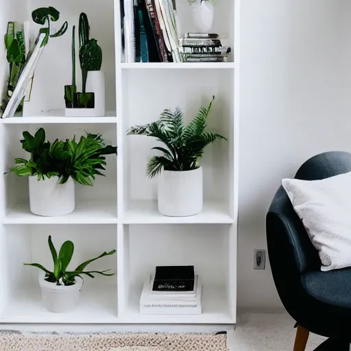 Prompt: white zen clean modern minimalist bookshelf with cute plants