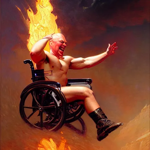 Image similar to wcw lex lugar in a wheel chair on fire rolling off a cliff. highly detailed painting by gaston bussiere, j. c. leyendecker, greg rutkowski, craig mullins 8 k