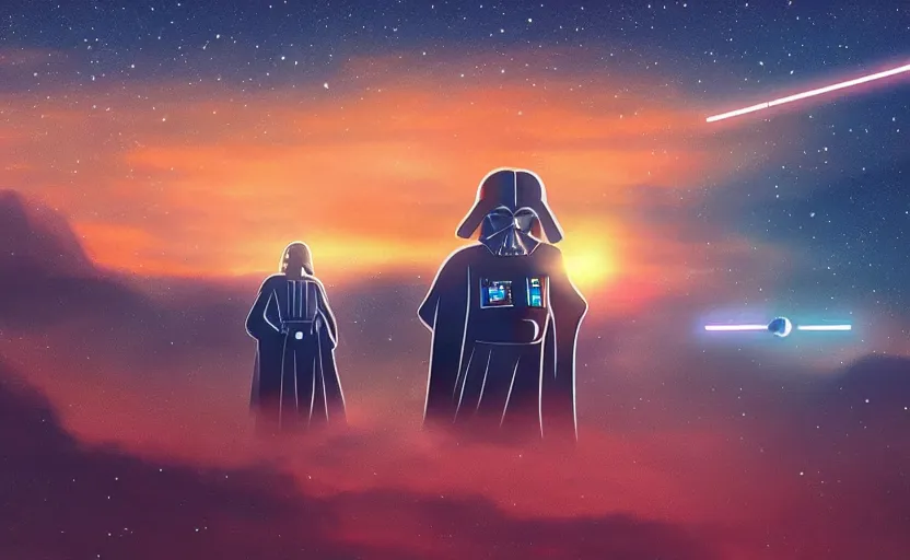 Prompt: star wars binary sunsets in a ghibli realistic style