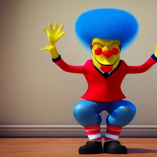 Image similar to Donald Trump as a clown with a yellow wig by Pixar, 3d render, octane render, 4k