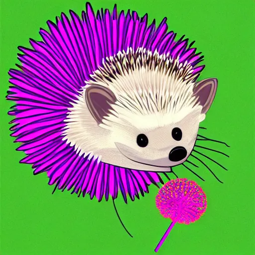 Image similar to adorable hedgehog in a kimono, holding a purple dandelion, art, digital art