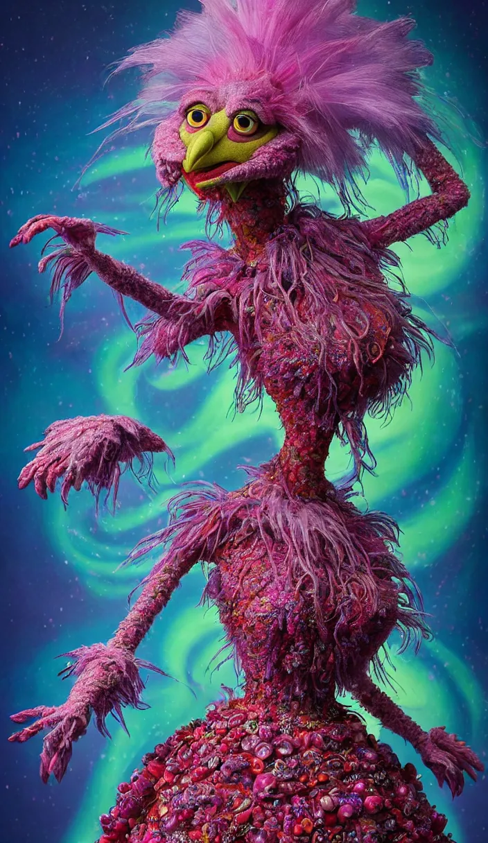 Image similar to hyper detailed 3d render like a Oil painting - kawaii portrait of quirky Aurora (a beautiful skeksis muppet fae queen from dark crystal that looks like Anya Taylor-Joy) seen red carpet photoshoot in UVIVF posing in scaly dress to Eat of the Strangling network of yellowcake aerochrome and milky Fruit and His delicate Hands hold of gossamer polyp blossoms bring iridescent fungal flowers whose spores black the foolish stars by Jacek Yerka, Ilya Kuvshinov, Mariusz Lewandowski, Houdini algorithmic generative render, Abstract brush strokes, Masterpiece, Edward Hopper and James Gilleard, Zdzislaw Beksinski, Mark Ryden, Wolfgang Lettl, hints of Yayoi Kasuma and Dr. Seuss, octane render, 8k