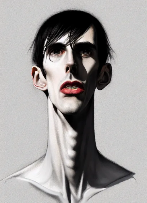 Image similar to portrait of a lanky man with a crooked nose and a confident expression, 1 9 6 0 s, black clothes, goth, punk, funk, intricate, elegant, highly detailed, digital painting, artstation, concept art, smooth, sharp focus, illustration, art by wlop, mars ravelo and greg rutkowski