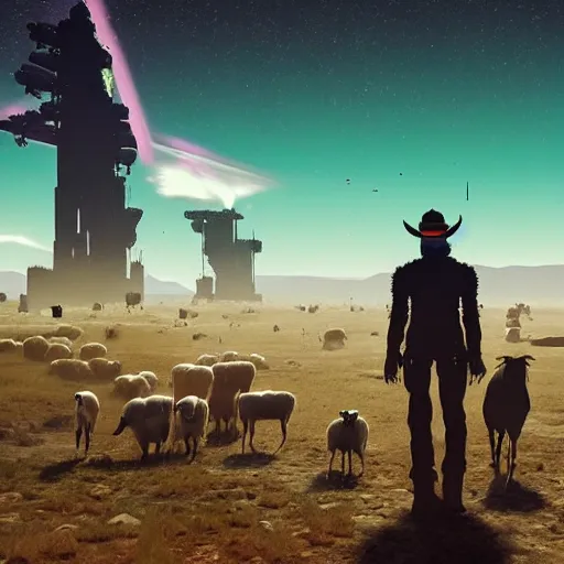 Image similar to Cyberpunk cowboys herding sheep in a No Man's Sky landscape in the style of Frederic Remington