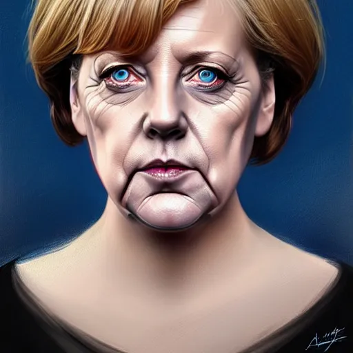 Image similar to Portrait of Angela Merkel with beard, D&D, blue eyes, face, !dark fantasy!, intricate, elegant, highly detailed, digital painting, artstation, concept art, smooth, sharp focus, illustration, art by artgerm and greg rutkowski and alphonse mucha