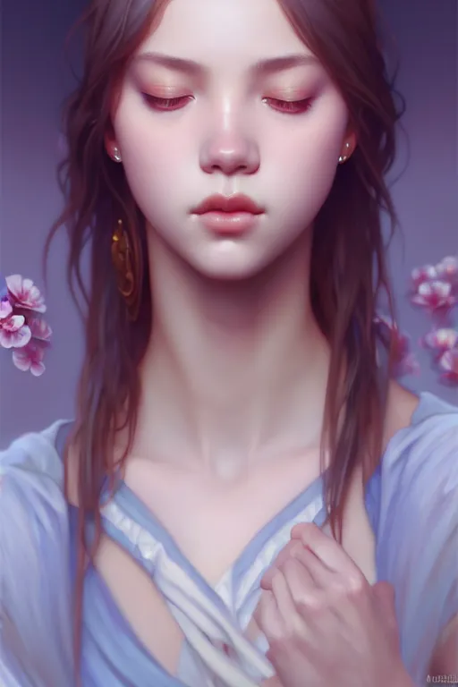 Prompt: beautiful digital painting of lalisa gray background with high detail, ( ( eyes closed ) ), 8 k, stunning detail, photo by artgerm, greg rutkowski and alphonse mucha, unreal engine 5, 4 k uhd