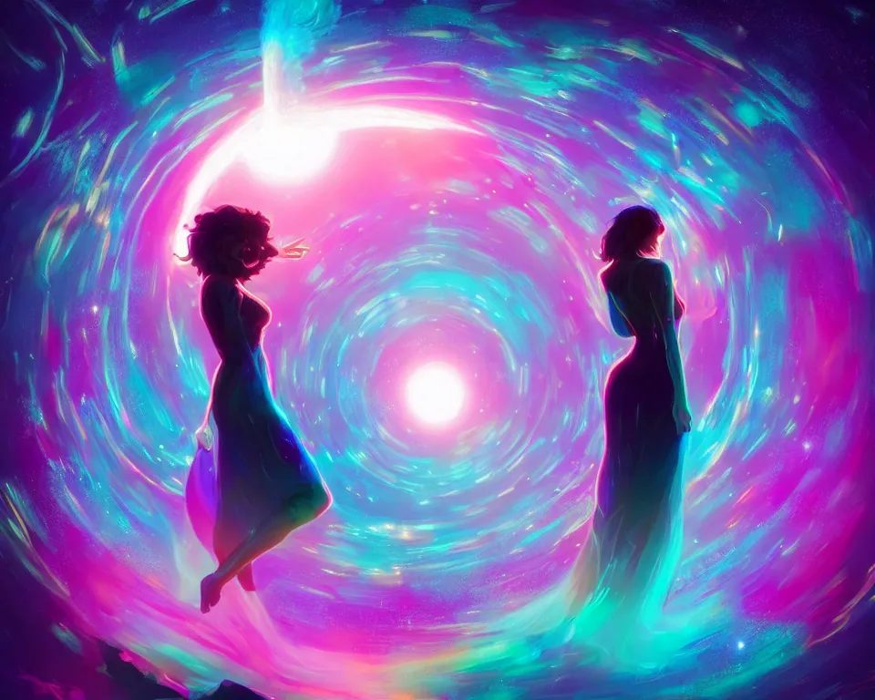 Prompt: a beautiful whimsical woman standing under a multi-colored binary blackhole with an accretion disc, casting magic, glowing trails following her arms, acidwave, hall of mirrors, interstellar galaxy, by Lois van Baarle, by Greg Rutkowski, by artgerm, by beeple, by studio ghibli, cinematic angle, volumetric lighting, 4k resolution, octane render, trending on artstation, masterpiece