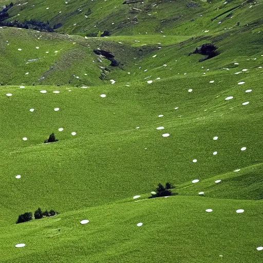 Image similar to spread across a bright green, rolling hillside were thousands of off - white dots