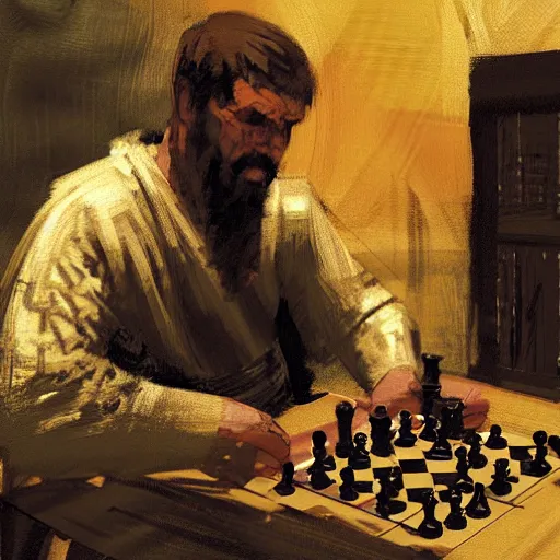 Image similar to portrait of man in medieval clothes playing chess, detailed by greg manchess, craig mullins, bernie fuchs, walter everett