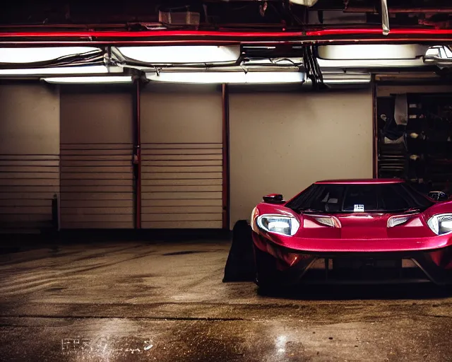 Prompt: japanese garage parts strewn around tools red tool box. 2022 Ford GT on lift removed hood. Warm fluorescent lighting. Bladerunner 2049 (muted colors) scene. artstation trending. 45mm camera photo 2017. Street racer garage tokyo colorful.