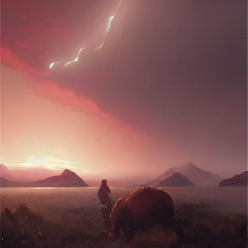 Image similar to illustration of an alaskan wildness just before darkness, strange red glow in the sky, greg rutkowski