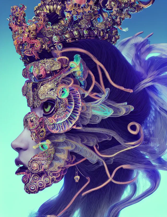 Image similar to 3 d goddess close - up profile portrait with crown, ram skull. beautiful intricately detailed neon japanese crow kitsune mask and clasical japanese kimono. betta fish, jellyfish phoenix, bio luminescent, plasma, ice, water, wind, creature, artwork by tooth wu and wlop and beeple and greg rutkowski