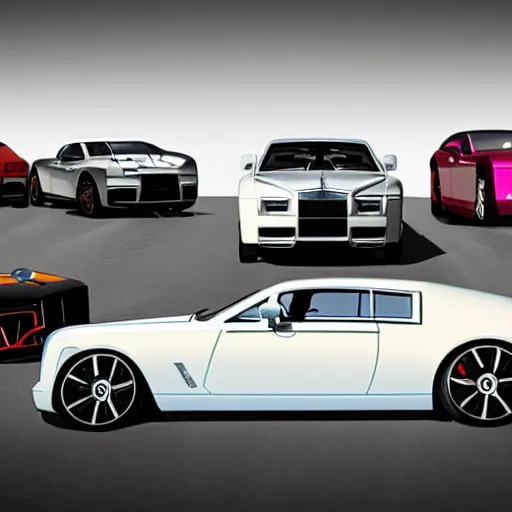 Prompt: Rolls Royce, Lamborghini, Ferrari line up, ultra realistic, canon camera