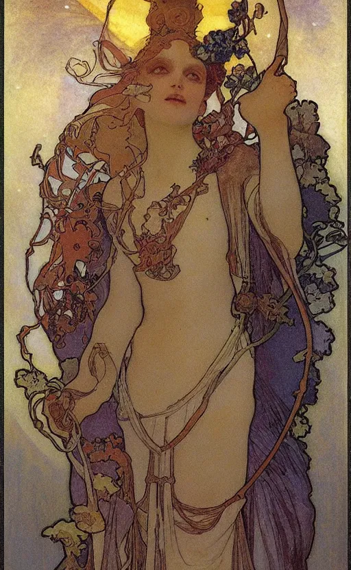 Image similar to the fool tarot, beautiful border, by alfons maria mucha, highly detailded