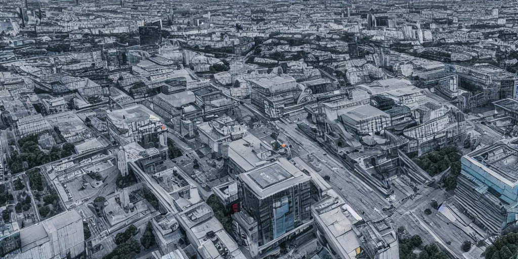 Image similar to drone view of a sci-fi Berlin with a large road through, Brutalist architecture,sharp focus,telephoto lens,3D digital art 4k