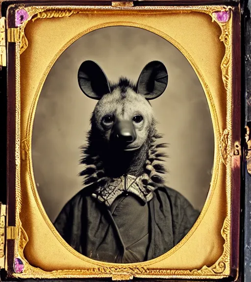 Image similar to professional studio photo portrait of anthro anthropomorphic spotted hyena head animal person fursona smug smiling wearing elaborate pompous royal king robes clothes degraded medium by Louis Daguerre daguerreotype tintype