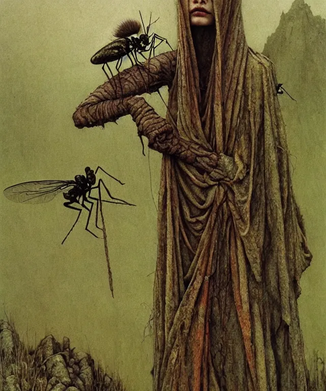 Image similar to a detailed mosquitowoman stands among the hills. wearing a ripped mantle, robe. perfect faces, gnats, extremely high details, realistic, fantasy art, solo, masterpiece, art by zdzislaw beksinski, arthur rackham, dariusz zawadzki