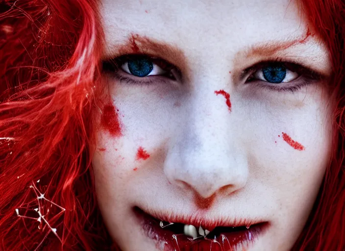 Image similar to award winning 5 5 mm close up face portrait photo of an anesthetic redhead woman with blood - red wavy hair, intricate eyes that look like stars, and fangs, in a park by luis royo