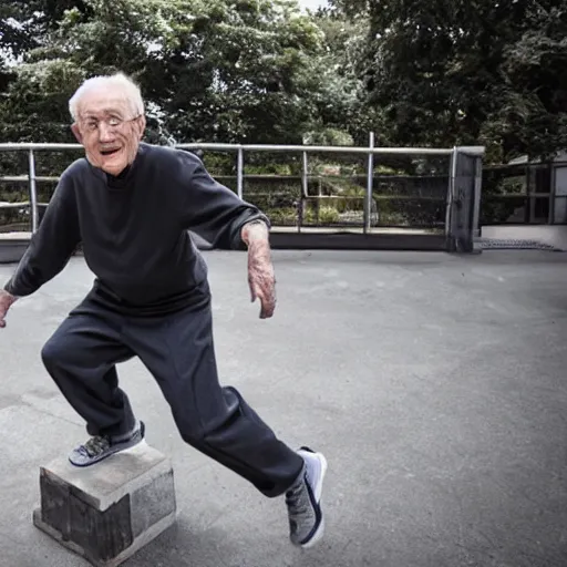 Prompt: an 85 year old man doing parkour