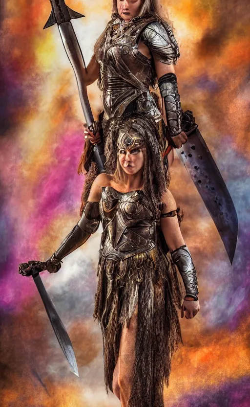 Image similar to a full shot photo of valkyrie, sword, colorful, goddess, caucasian, feminine, axe, realistic, 8 k, hdr, extremely detailed