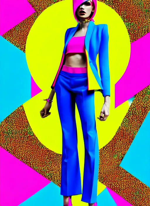 Prompt: bright trouser suit for a rave, bright colors, many details, prints, photo for a magazine, photo for a store, fashion photography, Vogue, 135 mm, cinematic, hyper realism, high detail, 8k, Two models in the frame, dynamic pose,Smooth skin, perfect face, people