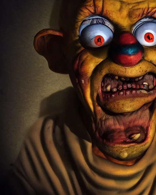 Image similar to portrait of an ugly old possessed crying clown in the style of justin roiland. ugly, creepy, demonic, horror. cinematic lighting. photographic, photography. by justin roiland