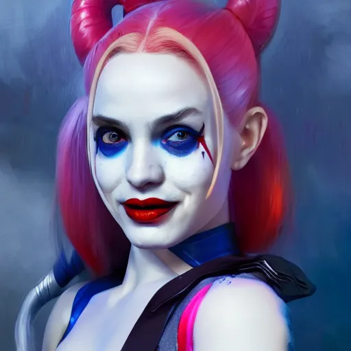 Image similar to a portrait of stunningly beautiful harley quinn, huggy wuggy from poppy playtime video game, fullbody, ultra high detailed, oil painting, greg rutkowski, charlie bowater, yuumei, yanjun cheng, unreal 5, daz, hyperrealistic, octane render, rpg portrait, dynamic lighting, fantasy art, beautiful face