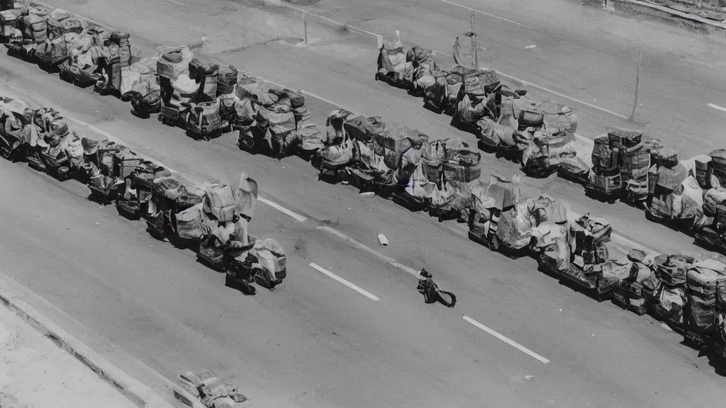 Image similar to a historic photo of a drone shot of a man holding grocery bags on both hands, standing in front of five tanks lined up approaching him on the highway